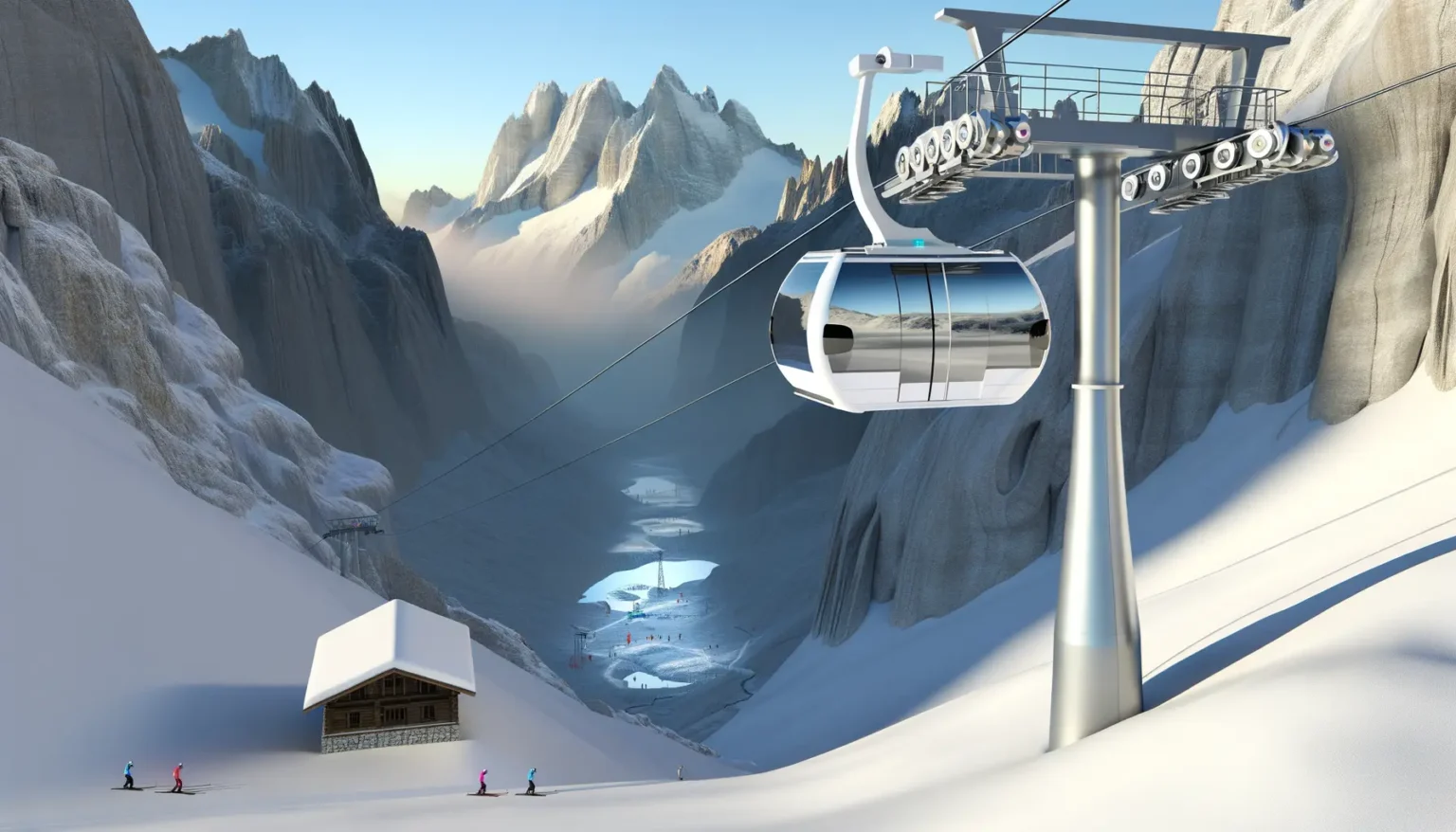 Moderne Seilbahnkabine, die in einer verschneiten Berglandschaft fährt, mit Skifahrern unten am Berg und einer kleinen Hütte im Vordergrund. Im Hintergrund sind beeindruckende schneebedeckte Gipfel und ein eisiger Hang sichtbar.