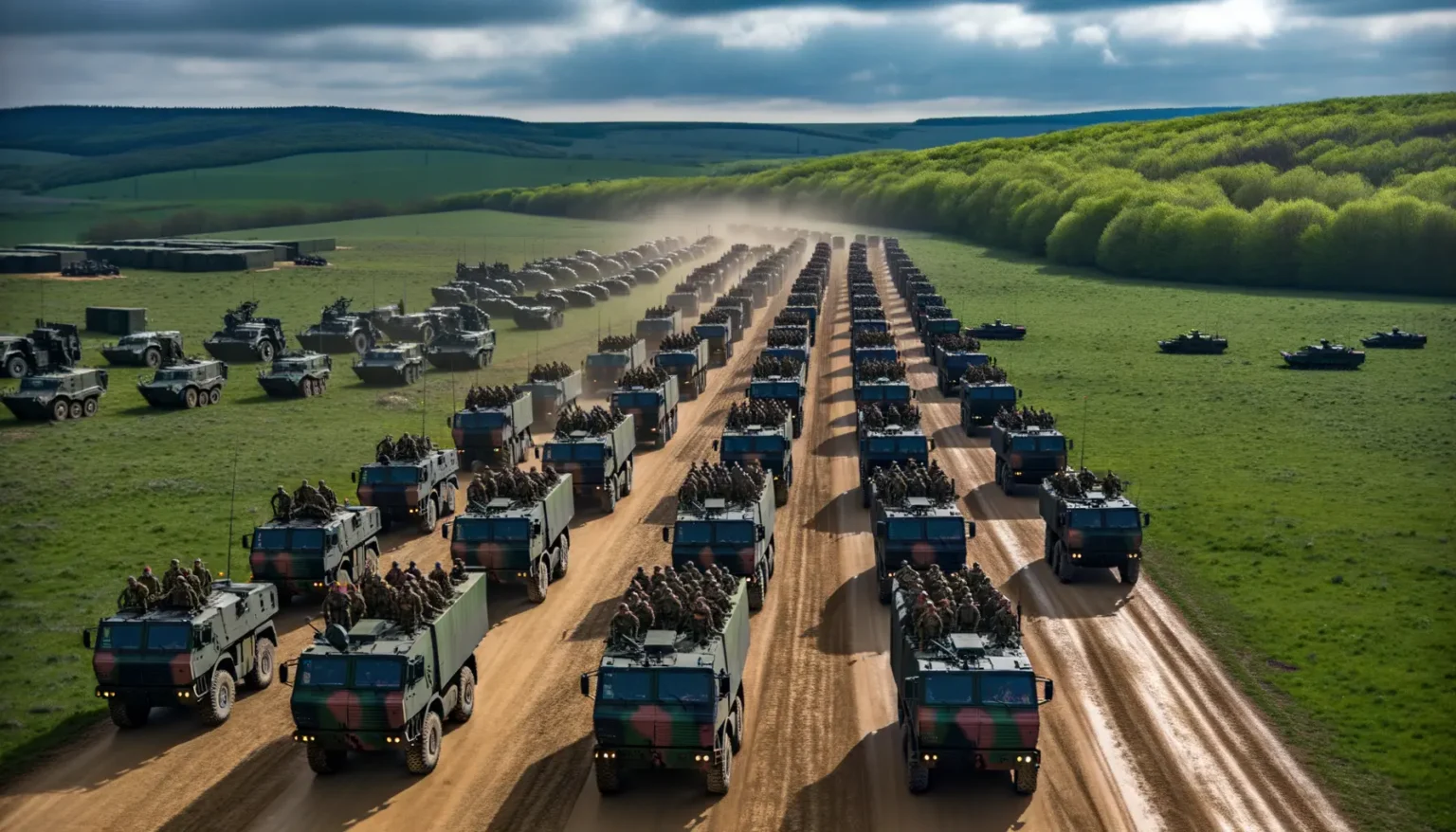 Eine Kolonne von Militärfahrzeugen fährt auf einer staubigen Straße durch eine grüne Hügellandschaft, während Panzer neben der Formation auf dem grünen Feld stationiert sind.