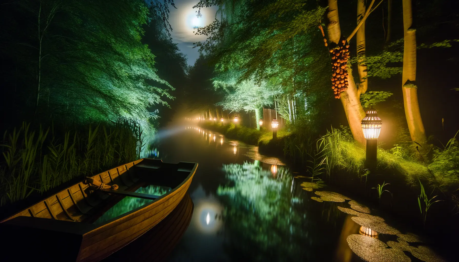 Romantische Nacht im Spreewald mit Laternen beleuchteten Kahns