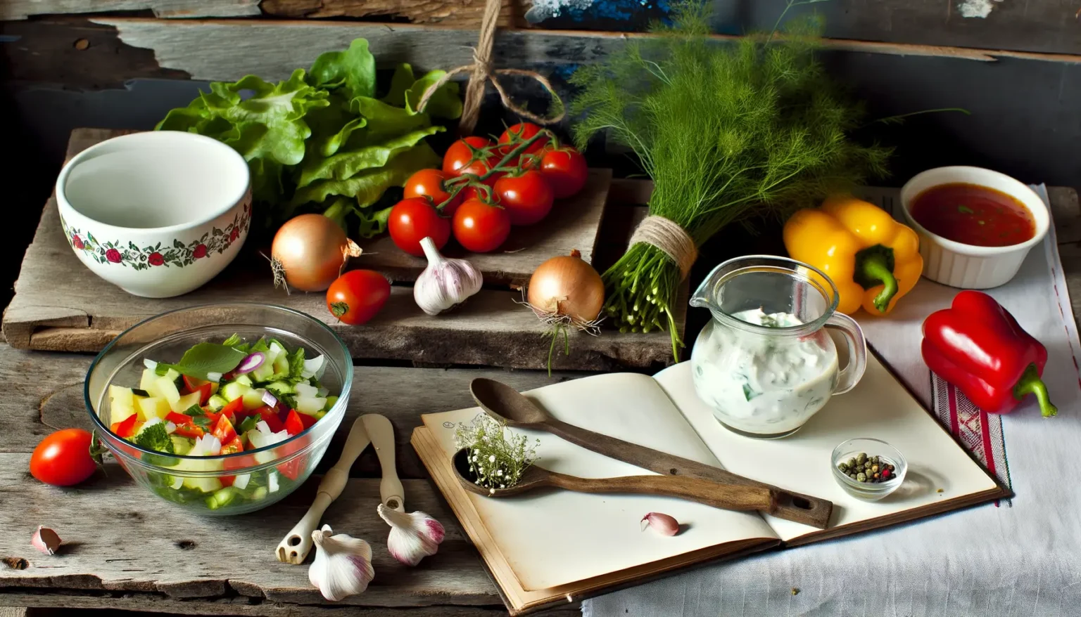 Eine rustikale Küchenarbeitsfläche mit frischen Zutaten für einen Salat. Im Vordergrund befindet sich eine Schale mit geschnittenem Gemüse, umgeben von einzelnen Tomaten und Knoblauchzehen. Ein Bund Dill, eine gelbe und rote Paprika, eine Schüssel mit Blumendekor, ein Glas Kräuterjoghurt, eine Flasche mit Flüssigkeit und ein Topf mit roter Sauce ergänzen das Bild rechts. Links liegen eine Zwiebel und ein offenes Buch mit einem Holzlöffel und Kräutern auf den Seiten. Das Bild strahlt Hausgemachtes und frische Küche aus.