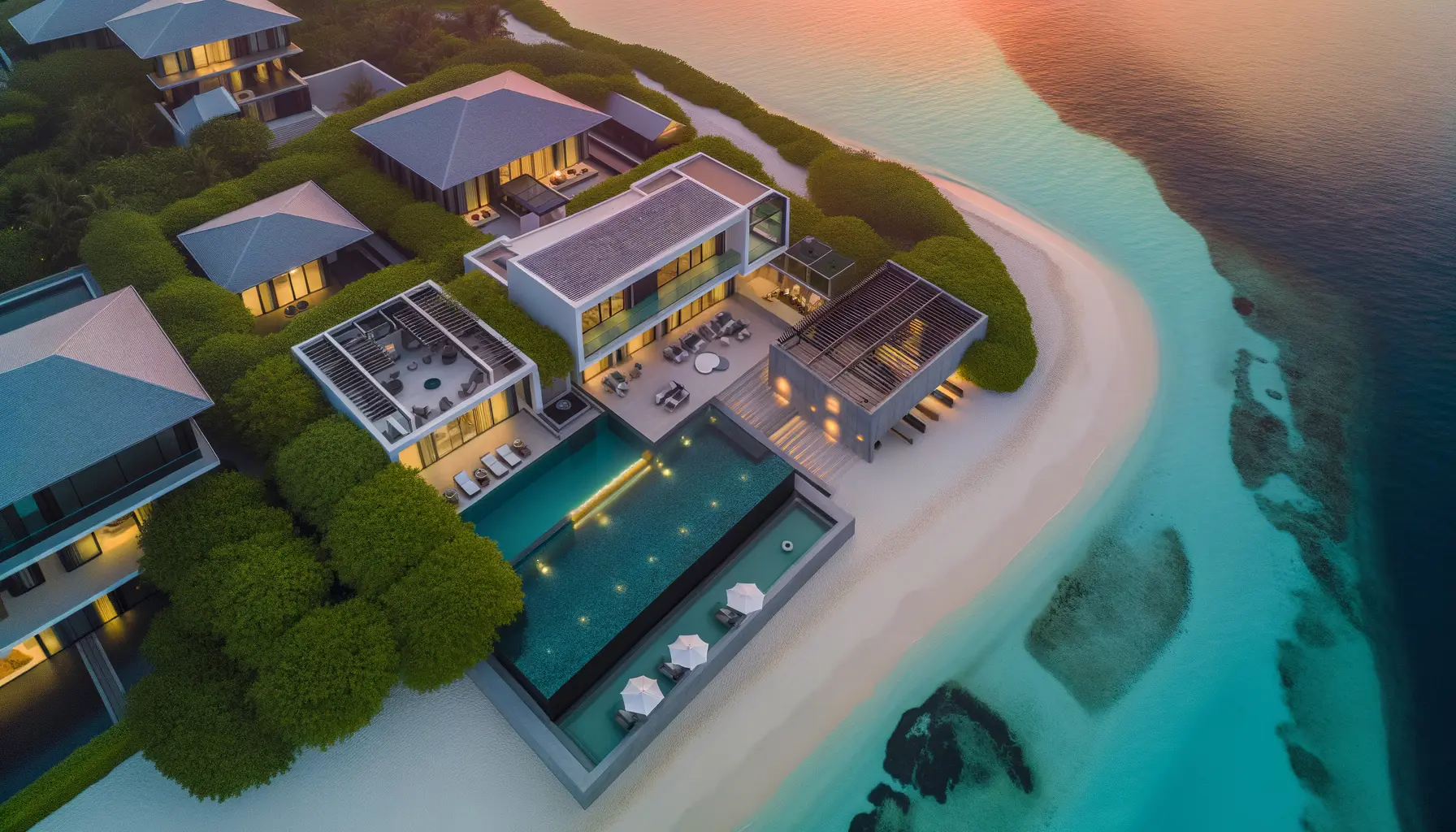 Spektakuläre Luftaufnahme einer Mega-Villa an der Küste