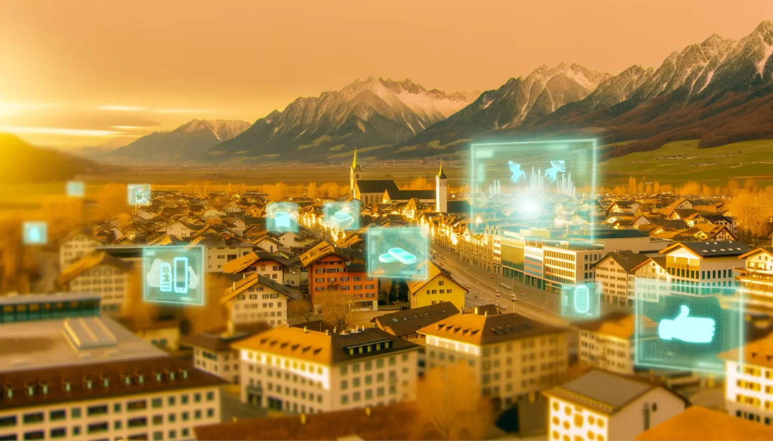 Eine Stadt im Abendlicht mit verschneiten Bergen im Hintergrund. Über der Stadt sind futuristische, leuchtende Symbole und Grafiken zu sehen, die auf eine digitale oder Smart-City-Thematik hinweisen.
