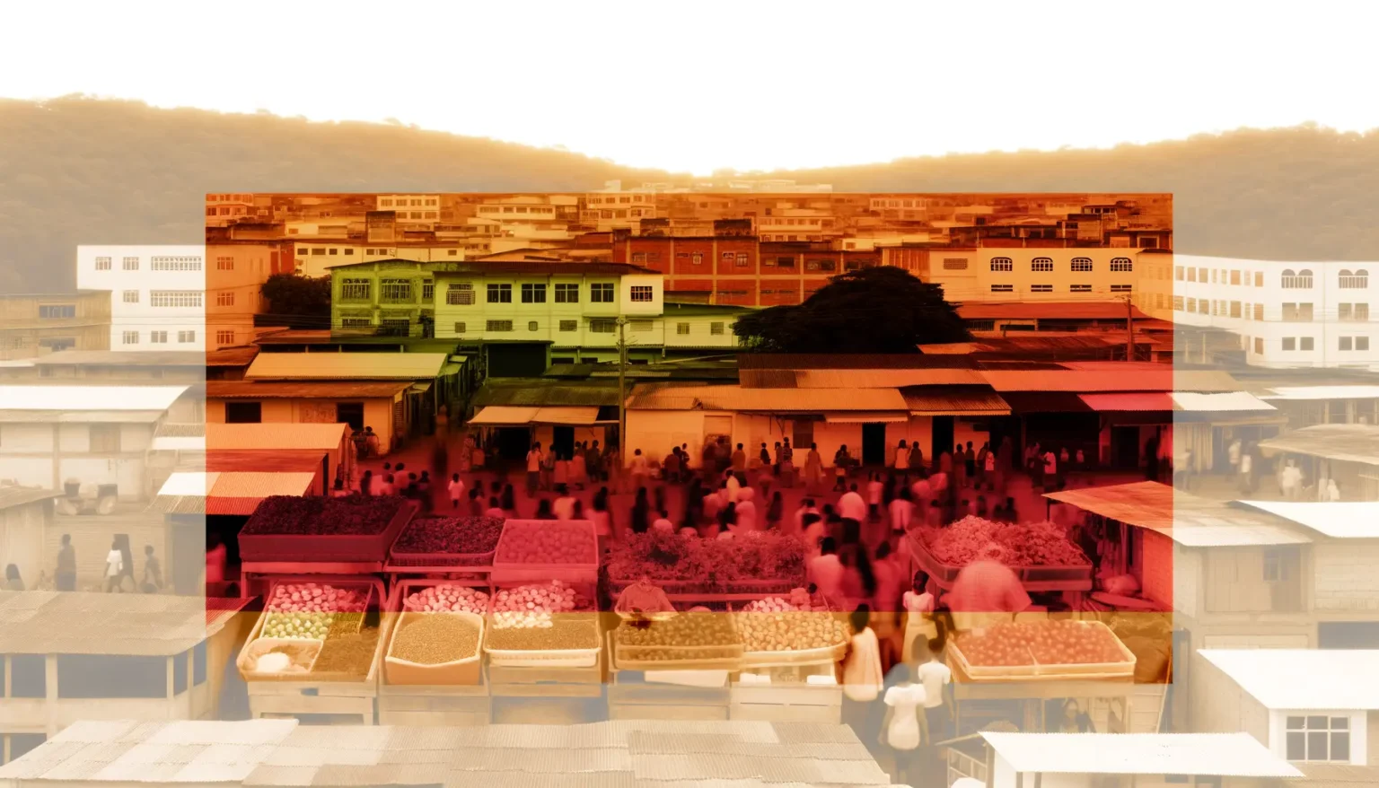 Ein Marktplatz mit verschiedenen Obst- und Gemüseständen voller Menschen, überlagert von einem Bild einer Stadt mit Gebäuden vor einem bewaldeten Hügel. Das Bild hat einen Farbverlauf von klar und farbenfroh im Vordergrund zu einem monochromen, orange getönten Hintergrund.