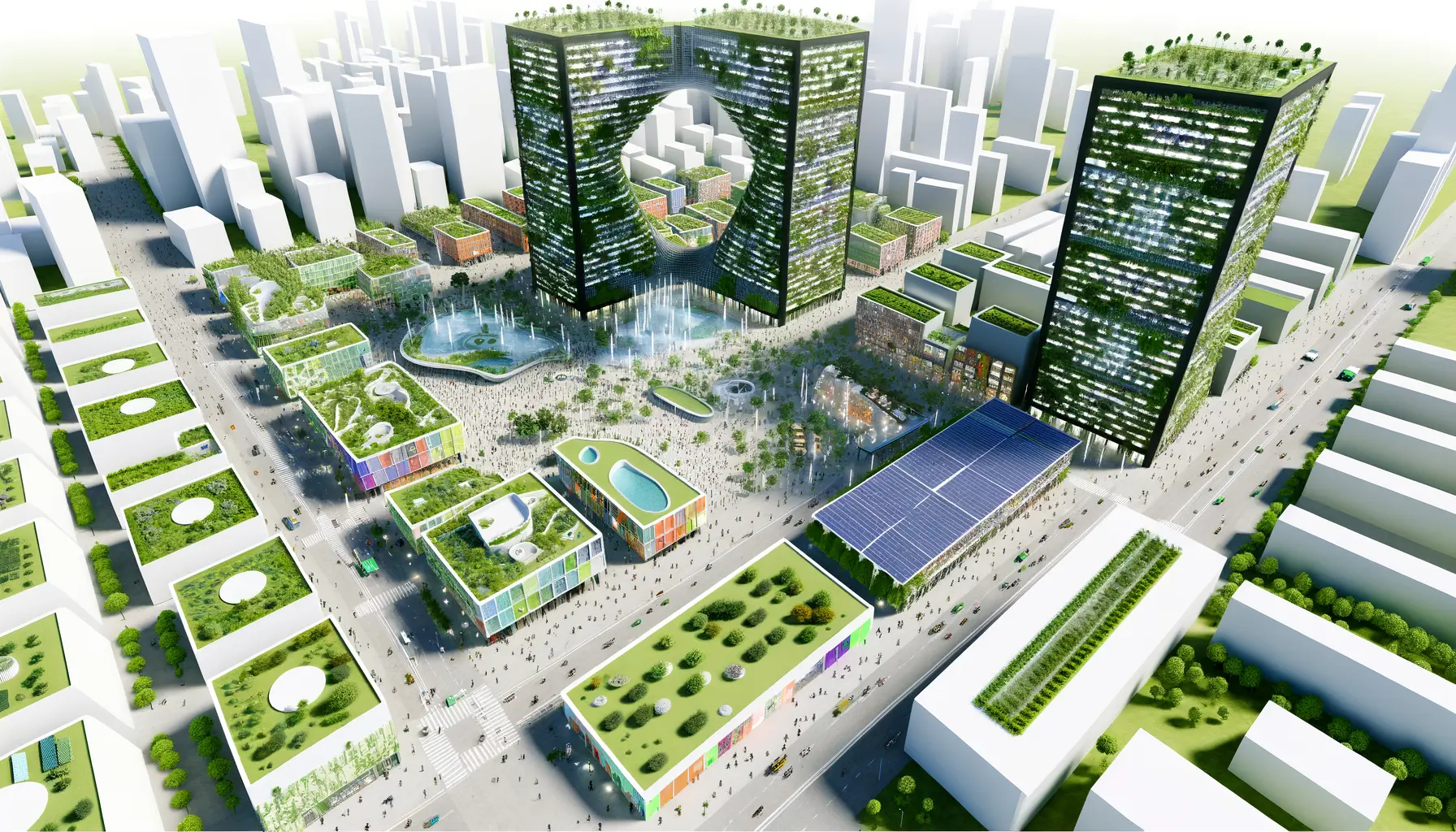 Stilisierte Darstellung einer futuristischen nachhaltigen Stadt