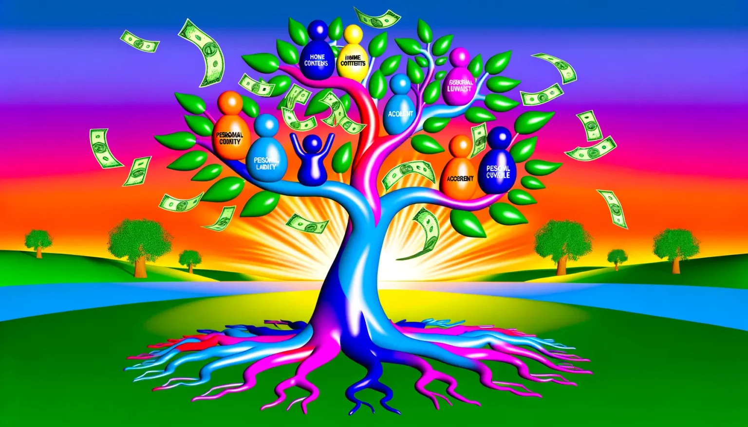 Ein lebhaftes und farbenfrohes Bild, das einen stilisierten Baum darstellt, dessen Blätter aus Dollar-Geldscheinen bestehen und dessen Früchte bunte Kugeln mit Texten wie "PERSONALITY", "INCOME", "ACCOMPLISHMENT" sind. Die Baumkrone ist gegen einen Himmel mit einem Farbverlauf von lila zu orange gesetzt, und der Baum steht in einer abstrakten Landschaft mit grünem Gras und blauem Wasser. Im Hintergrund sind kleinere Bäume und ein aufgehender oder untergehender Sonne zu sehen. Die Wurzeln des Baumes sind in bunten Farben gestaltet und scheinen lebendig und bewegt. Geldscheine "fliegen" oder "fallen" aus dem Baum in die umgebende Landschaft.