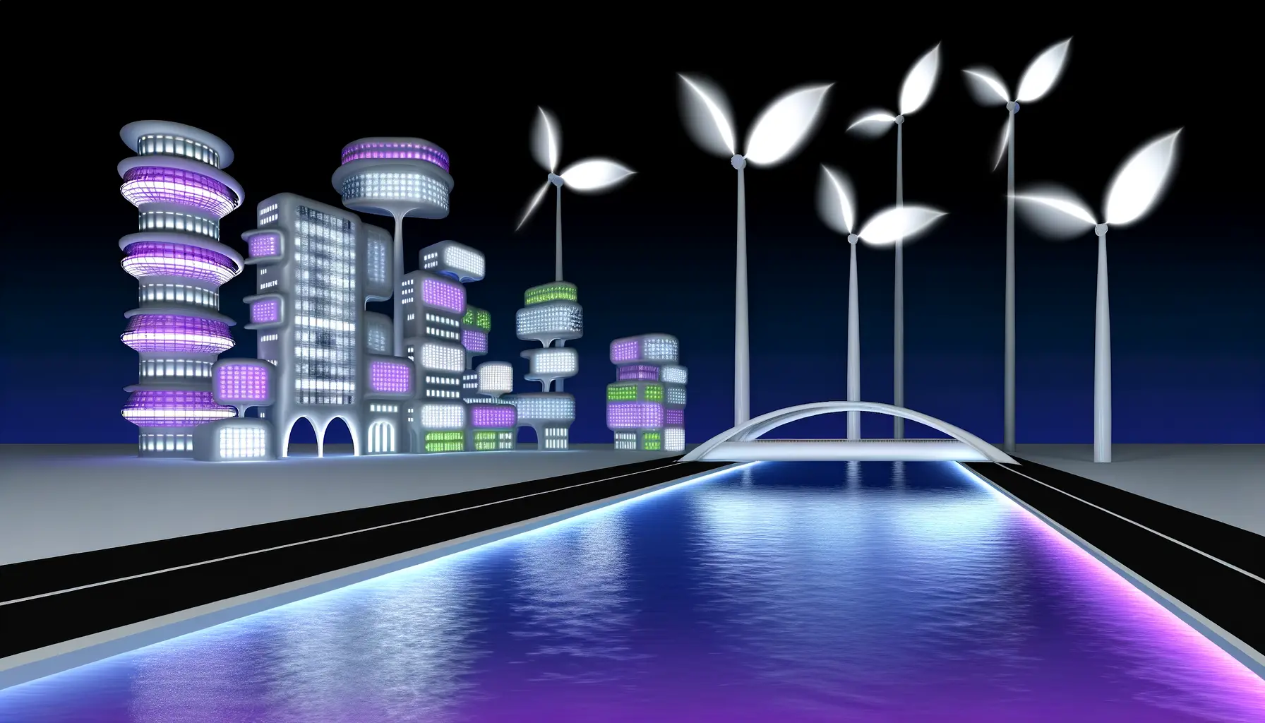 Stilisiertes futuristisches Stadtpanorama bei Nacht