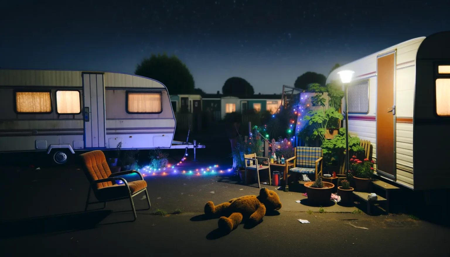 Nächtliche Szene in einem Wohnwagenpark mit beleuchteten Wohnwagen und einem klaren Sternenhimmel. Ein verlassener orangener Liegestuhl, ein umgeworfener Teddybär und leuchtende Weihnachtslichter erzeugen eine ruhige, aber leicht unordentliche Atmosphäre.