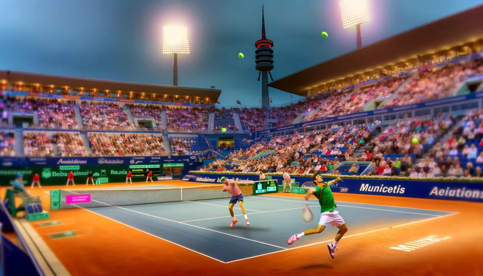 Professionelles Tennisspiel bei Abenddämmerung auf einem orangefarbenen Sandplatz in einem großen Stadion, das von einem enthusiastischen Publikum gefüllt ist, mit zwei Spielern in Aktion, während einer sich auf einen Schlag vorbereitet. Im Hintergrund ragt ein Turm mit beleuchteter Spitze in den Himmel.