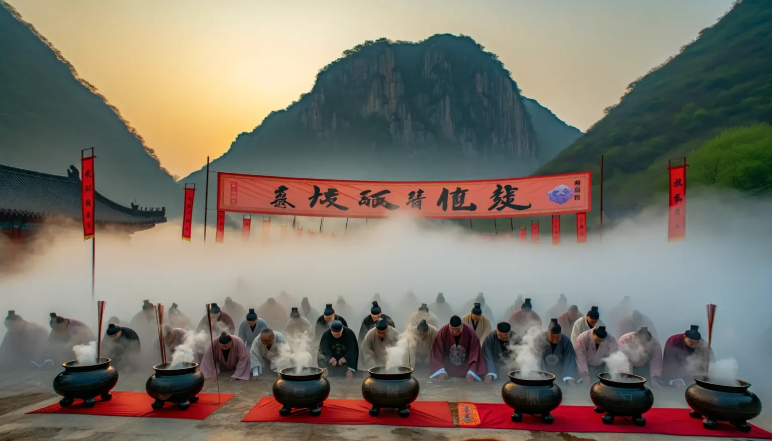 Eine Gruppe von Menschen in traditioneller ostasiatischer Kleidung verneigt sich in einer Zeremonie vor Kesseln mit aufsteigendem Rauch, vor der Kulisse eines großen roten Banners mit chinesischen Zeichen, umrahmt von grünen Bergen und einem Sonnenuntergang.