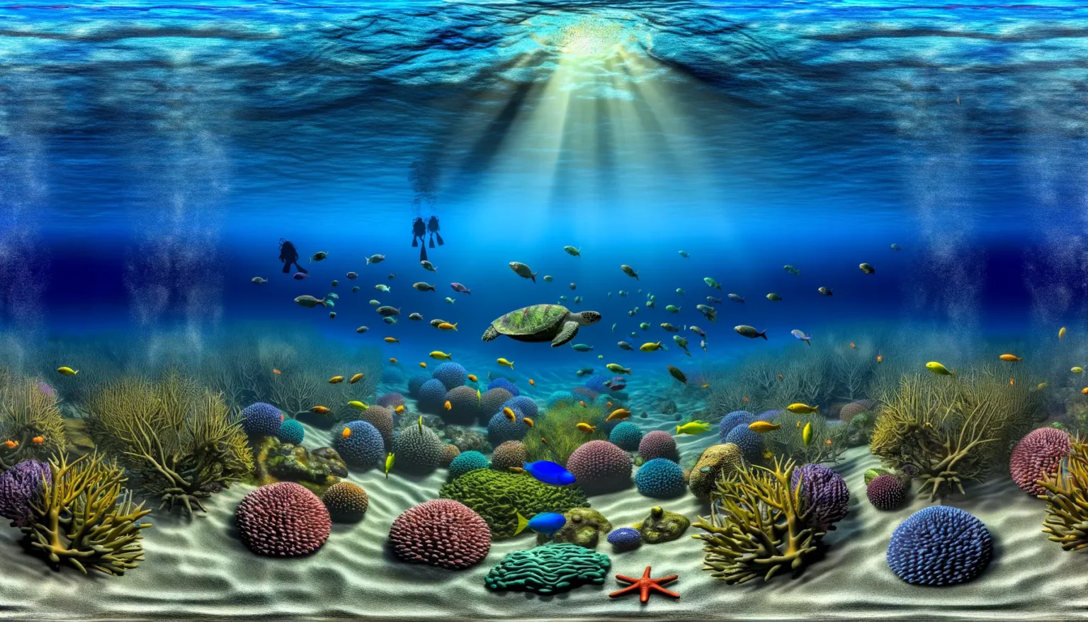 Lebendige Unterwasserszene mit kristallklarem blauen Wasser und strahlendem Sonnenlicht, das durch die Meeresoberfläche dringt und den Meeresboden beleuchtet. Farbenfrohe Meereslebewesen wie verschiedene Fische, eine Meeresschildkröte und ein Seestern sind zwischen einem Korallenriff mit unterschiedlichen Korallenarten erkennbar. Im Hintergrund schwimmen zwei Taucher in der Nähe der Wasseroberfläche.
