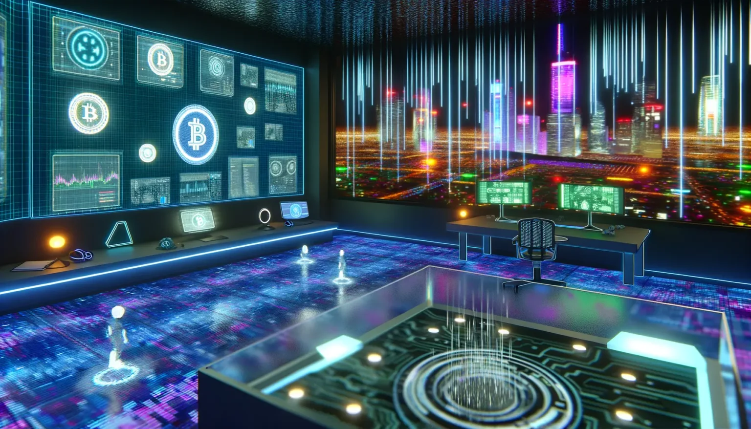 Futuristisches Innenraumdesign eines Kontrollraums mit beleuchteten digitalen Anzeigen von Kryptowährungssymbolen wie Bitcoin an der Wand, holographischen Projektionen auf dem Boden, einer beleuchteten Stadtansicht im Hintergrund und einem modernen Büroarbeitsplatz.