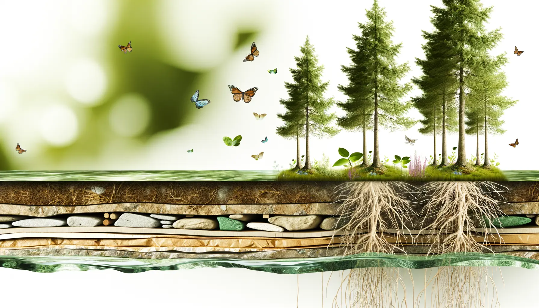 Querschnitt eines Waldes mit Fokus auf nachhaltige Materialien und Prozesse