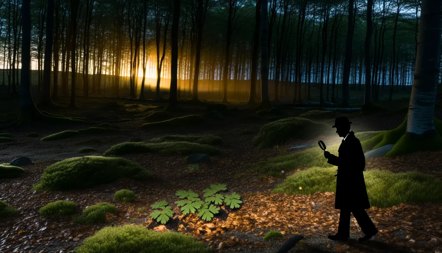Silhouette einer Person in altmodischer Kleidung mit Hut und Lupe im Vordergrund eines mystischen Waldes, durch den goldene Sonnenstrahlen fallen.