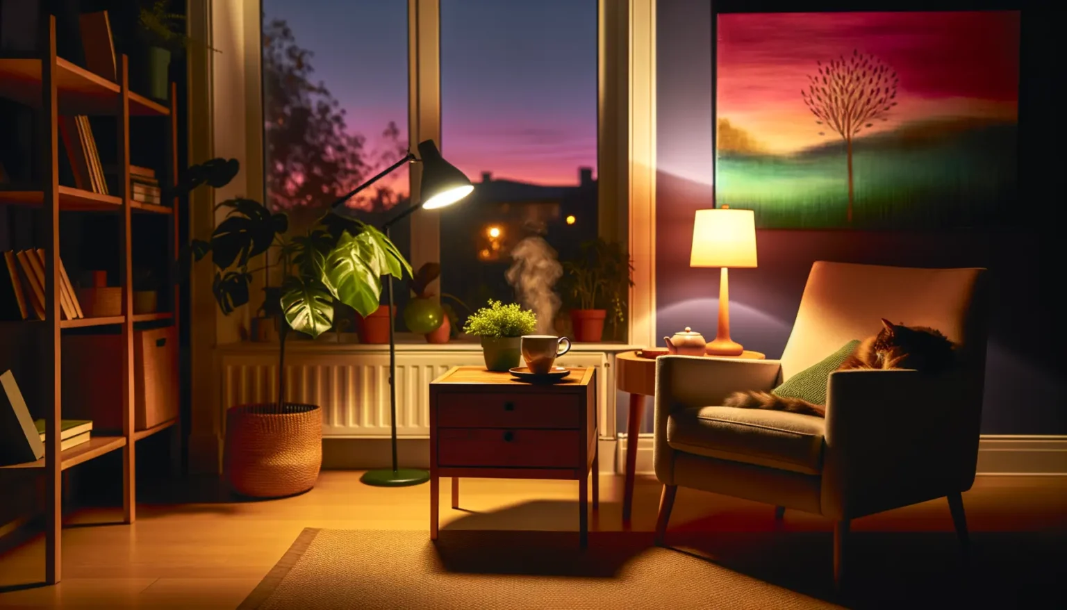 Gemütliches Wohnzimmer bei Abenddämmerung mit warm beleuchtetem Innenraum. Ein bequemer Sessel mit einem schlafenden Kätzchen darauf steht neben einem kleinen Beistelltisch mit einer Lampe und Teekanne. Auf dem anderen Tisch dampft eine Tasse Tee. Ein Bücherregal voller Bücher, Pflanzen auf der Fensterbank, und ein großes, farbenfrohes Wandbild eines Baumes ergänzen die friedvolle Szenerie. Draußen durch das Fenster ist ein stimmungsvoller Sonnenuntergang mit rosa und blauen Farbtönen sichtbar.