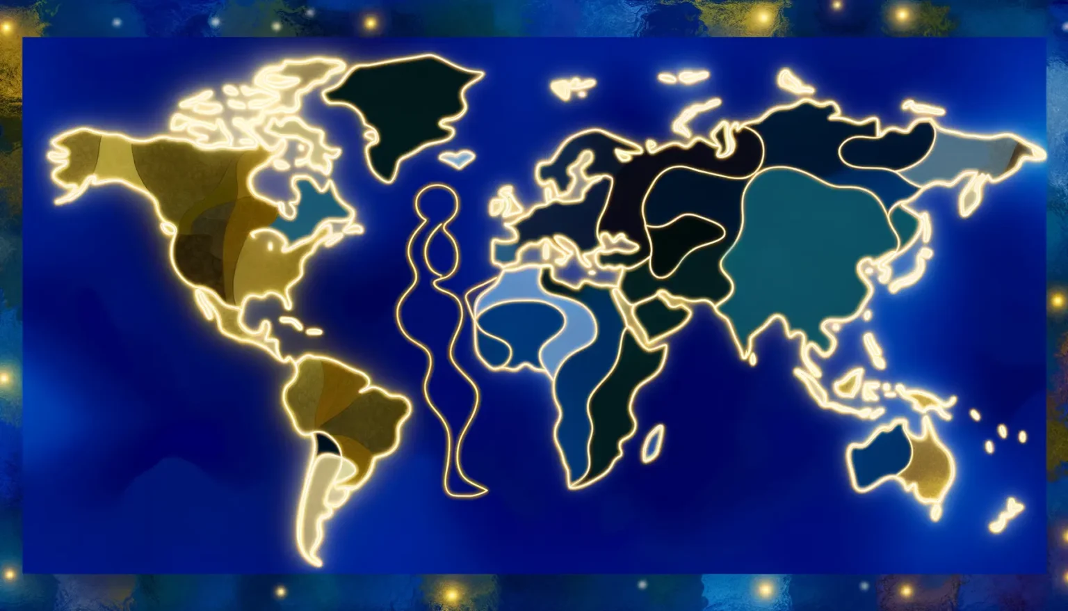 Eine stilisierte Weltkarte mit leuchtenden Konturen auf einem abstrakten blauen Hintergrund mit Sternenmuster und goldenen Akzenten.