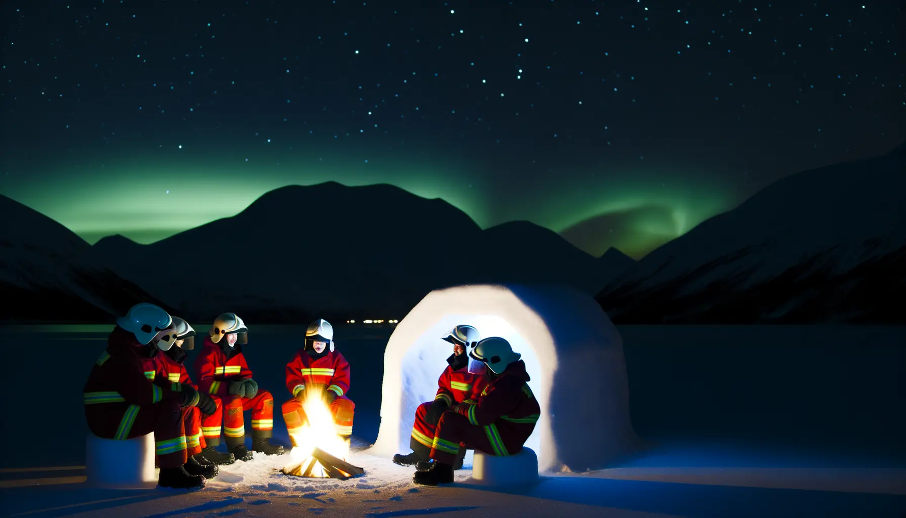 Winterliche Szenerie bei Nacht mit Lagerfeuer und Nordlichtern