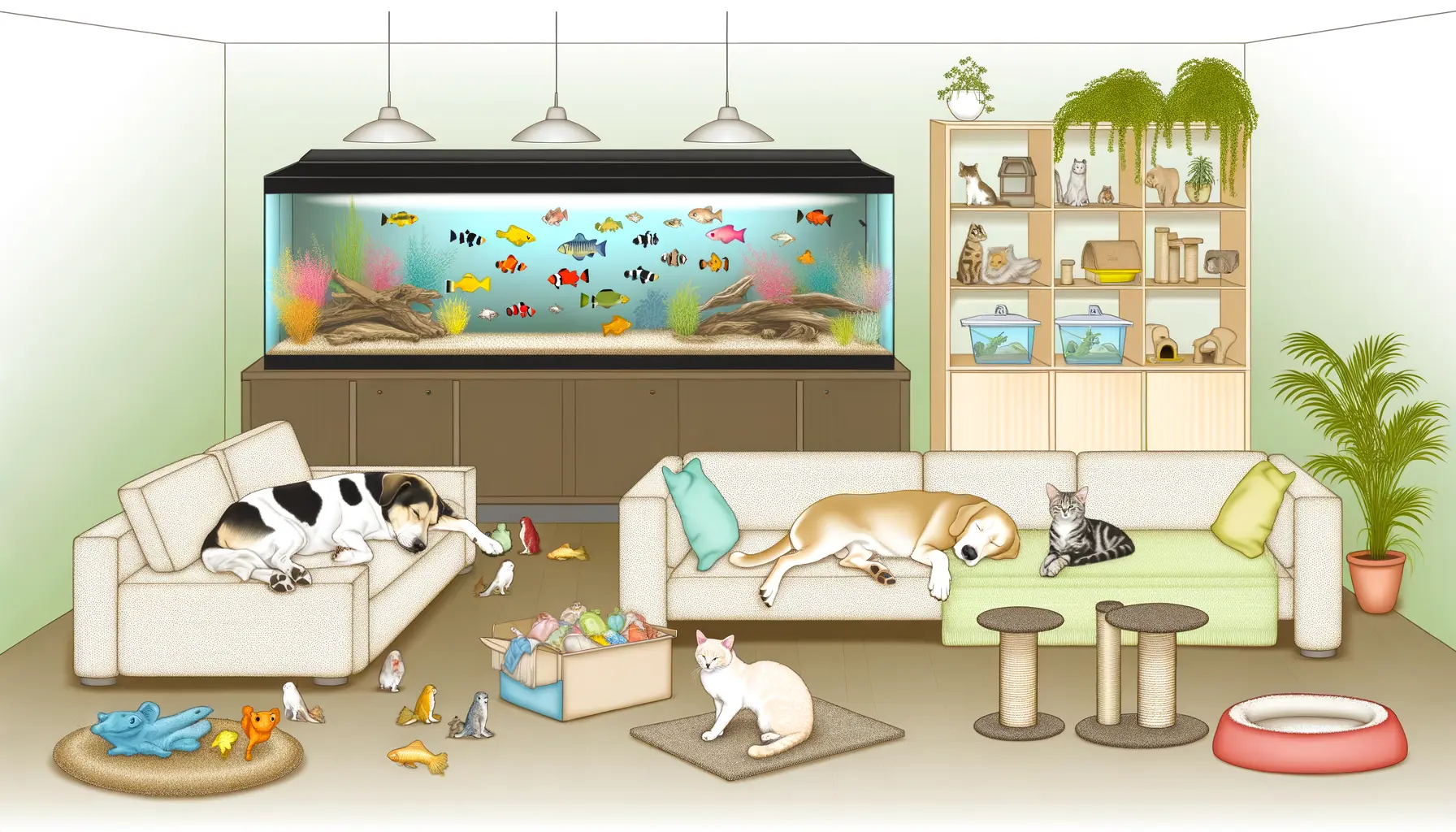 Ein gemütliches Wohnzimmer mit Haustieren und ihren Besitzern.