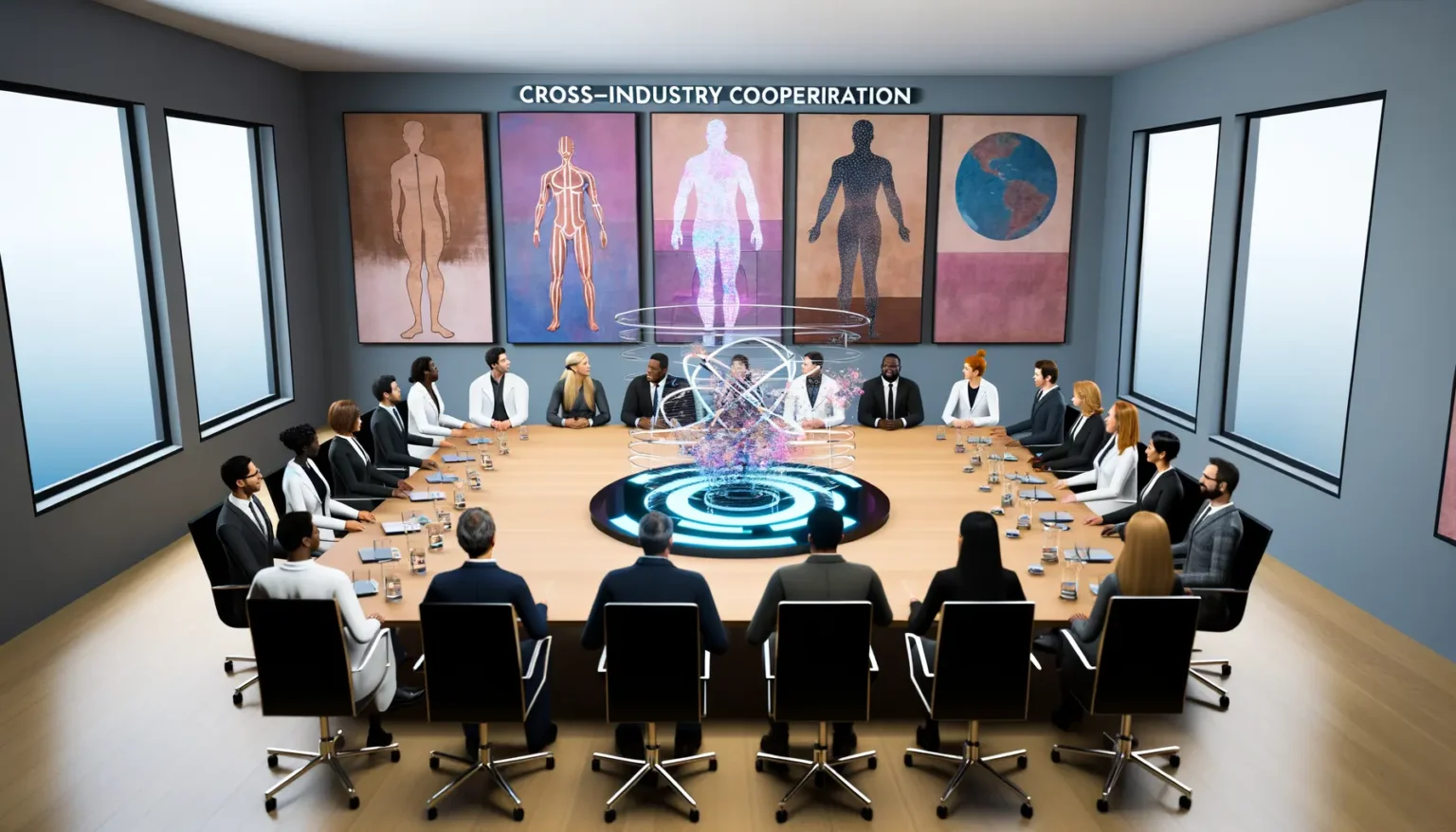 Eine Gruppe von Geschäftsleuten sitzt an einem ovalen Konferenztisch in einem modernen Besprechungszimmer. In der Mitte des Tisches befindet sich eine futuristische, holographische Darstellung. An der Wand hinter ihnen hängen Bilder, die zur Zusammenarbeit zwischen verschiedenen Industrien zu passen scheinen, und über ihnen steht der Text "CROSS-INDUSTRY COOPERATION".