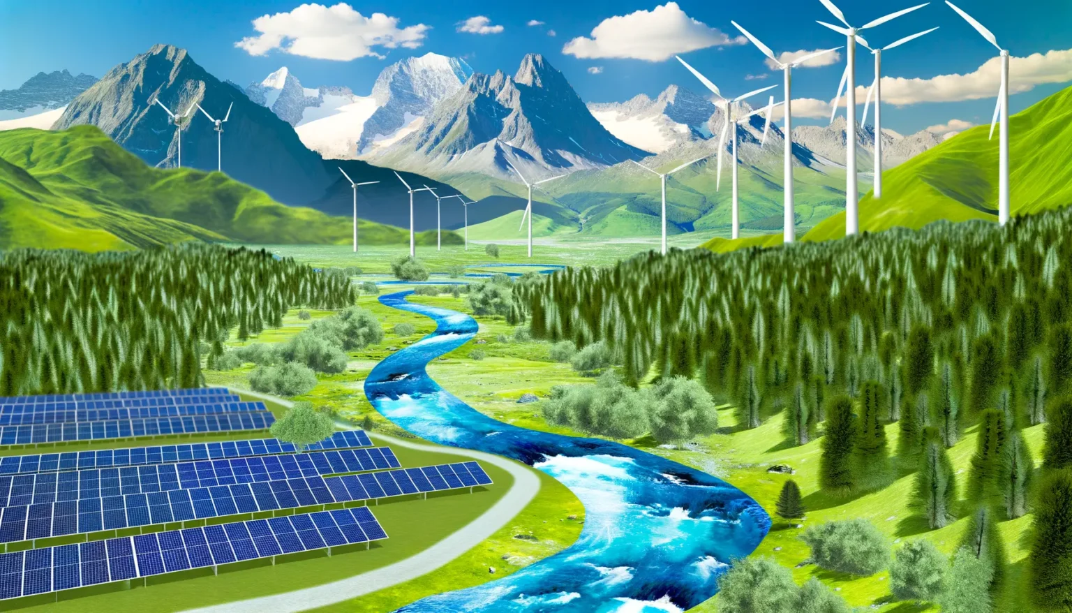 Eine idyllische Computergrafik, die eine Landschaft mit erneuerbaren Energiequellen darstellt, mit Solarmodulen im Vordergrund, einem Fluss, der sich durch das Tal windet, Windturbinen auf den Hügeln und schneebedeckten Bergen im Hintergrund.